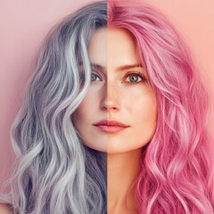 Poster - Gray hair transformed into vibrant pink hair in a striking side by side comparison of color change. Generative AI