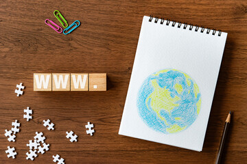 Poster - there is wood cube with the word www.. it is an abbreviation for world wide web as eye-catching imag