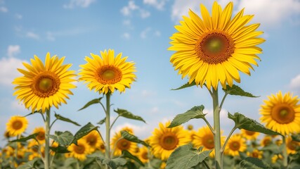 Wall Mural - Vibrant Field of Sunflowers Under Clear Blue Sky Bathed in Warm Golden Light Evoking Joyful Serenity