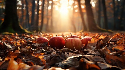 Aufkleber - A group of apples are on the ground in a forest