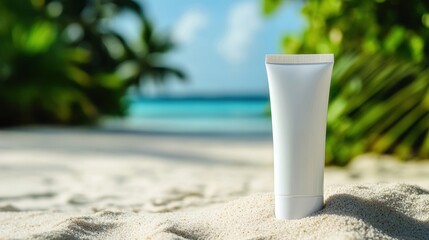 Aufkleber - Cosmetics cream tube placed on sandy beach with ocean view and tropical foliage in the background during a sunny day. Generative AI