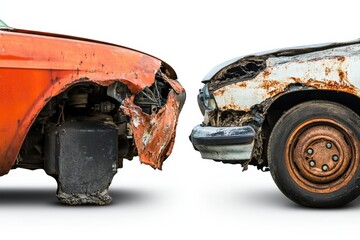 Poster - Comparison of a dented rusted car and a perfectly repaired vehicle showcasing contrasting conditions and restoration success. Generative AI