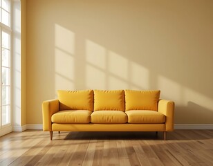 Wall Mural - Sunlit haven, A cozy mustard sofa in a minimalist room aesthetic