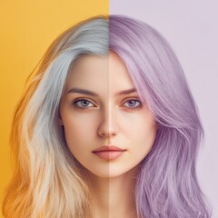 Poster - Comparison of gray hair and vibrant dyed hair transition over a split background with a model showing distinct color change. Generative AI