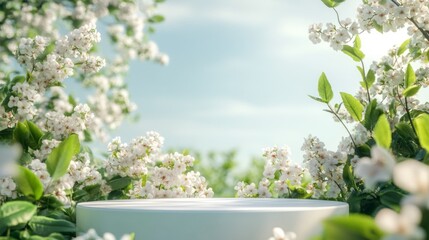 Poster - Clean, modern 3D podium floating amidst spring blossoms and lush greenery, ideal for natural product branding.