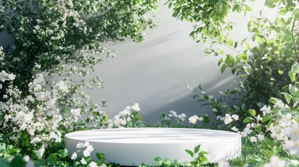 Poster - Clean, modern 3D podium floating amidst spring blossoms and lush greenery, ideal for natural product branding.