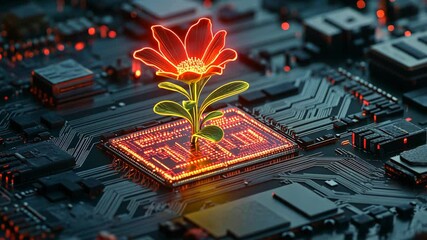 Poster - Conceptual fusion of technology and nature with LED flower emerging from circuit board