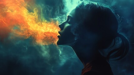 Poster - Captivating Silhouette of a Person Exhaling Vibrant Flames in a Dramatic Composition With Ethereal Smoke