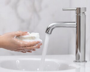 A hand holding a sponge under running water from a modern faucet in a stylish bathroom sink, showcasing cleanliness and hygiene.