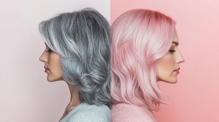 Poster - Transforming gray hair to vibrant pink in a stunning side by side comparison showcasing hair color change. Generative AI