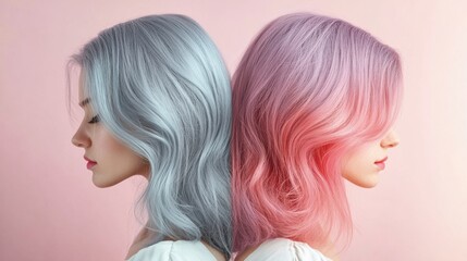 Poster - Comparison of gray hair transforming into vibrant pastel dyed hair showing a striking change in appearance. Generative AI