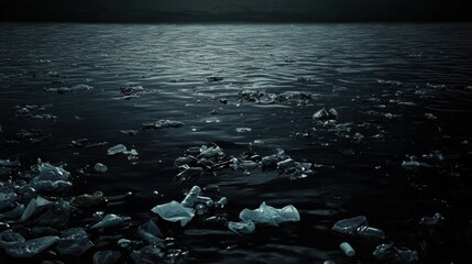 Poster - Floating plastic waste fills the ocean surface while empty space allows for urgent messages about pollution. Generative AI
