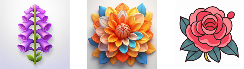 Wall Mural - three flower illustrations on a white background: a purple foxglove, an orange layered dahlia, and a