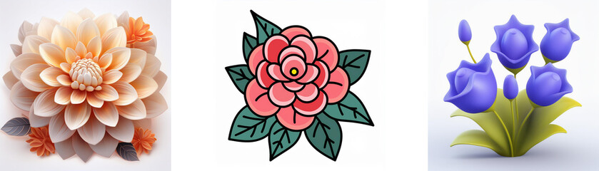 Wall Mural - three flower images: a peach dahlia, a pink rose drawing with leaves, and a bouquet of bluebells.
