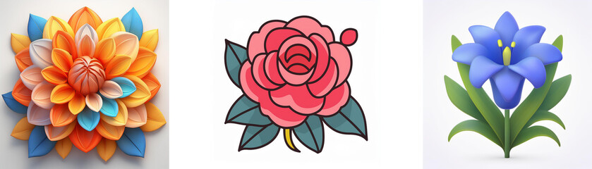 Wall Mural - three flower illustrations depict a layered orange bloom, a pink outlined rose, and a blue bell-shap