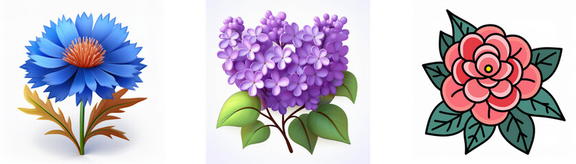Wall Mural - three floral icons on white: a blue daisy, a purple lilac branch, and a pink rose with leaves. flora