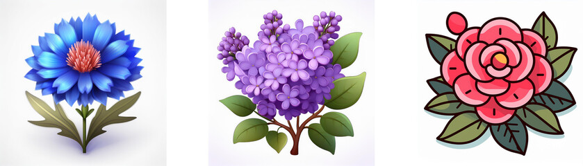 Wall Mural - three isolated floral illustrations depict a vibrant blue daisy, delicate purple lilac, and charming