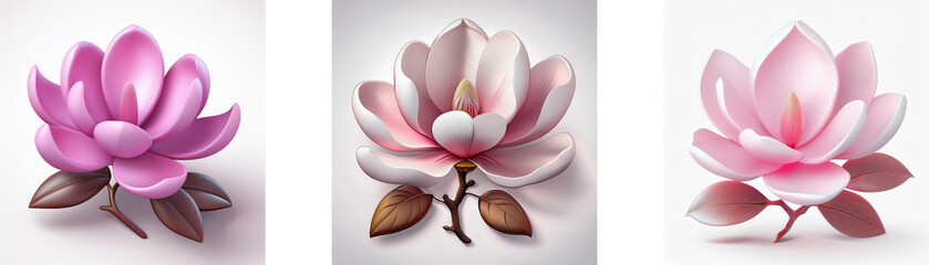 Wall Mural - Three magnolia flowers in pink and purple hues are isolated against a white background.  Each flower has a stem and leaves.