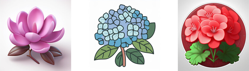 Wall Mural - Three flower icons: pink magnolia, blue hydrangea, and red geranium. Floral design, isolated on a white background.