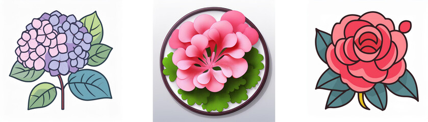 Wall Mural - three floral illustrations are presented: a purple hydrangea, a pink geranium in a pot, and a red ro