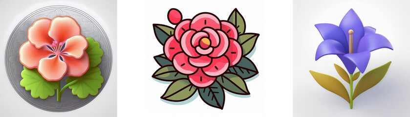 Wall Mural - description: three stylized flower icons are presented. they are peach, pink, and blue with differen