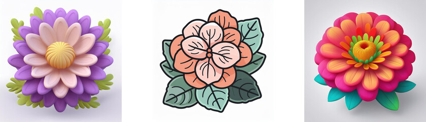 Wall Mural - three stylized flowers in a row: a purple 3d rendered flower, a peach line art flower, and a pink 3d