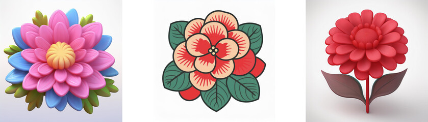 Wall Mural - stylized floral set displays three unique blossoms with varied colors. a pink and blue flower, an or
