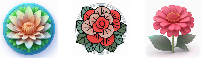Wall Mural - three floral icons are depicted: a layered lotus, an outlined rose, and a pink daisy with green leav