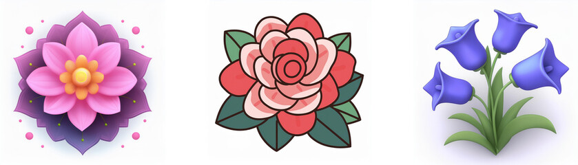Wall Mural - three flower icons in pastel colors: a pink lotus-like blossom, a red rose with green leaves, and a 