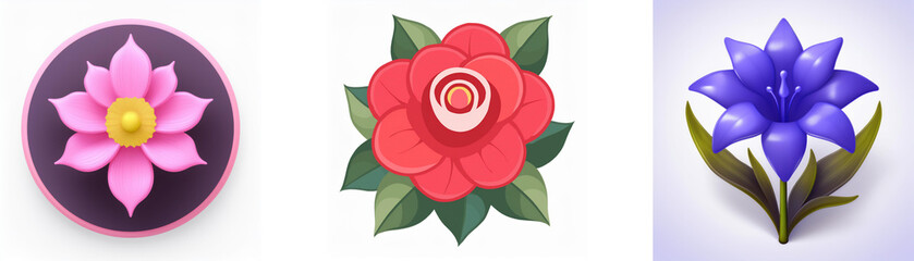 Wall Mural - three stylized flower icons are shown, in pink, red, and blue. each flower has a different petal sha