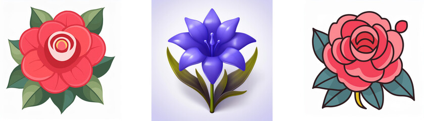 Wall Mural - three flower icons: red, blue, and pink. each colorful bloom has green leaves. isolated floral eleme