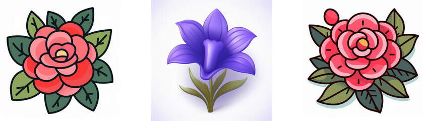 Wall Mural - three different flowers are displayed: two pink/red roses with green leaves on each side and a purpl