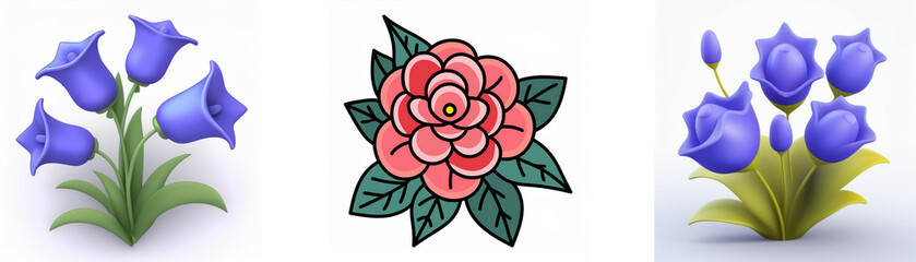 Wall Mural - three flower icons: blue bellflowers in cartoon and 3d style, and a pink rose with green leaves in t