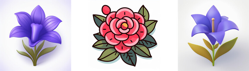 Wall Mural - three flower illustrations, featuring a purple bellflower, a pink rose with green leaves, and a blue
