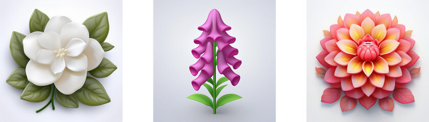 Wall Mural - three floral illustrations: a white flower with leaves, a purple bell-shaped flower, and a layered o