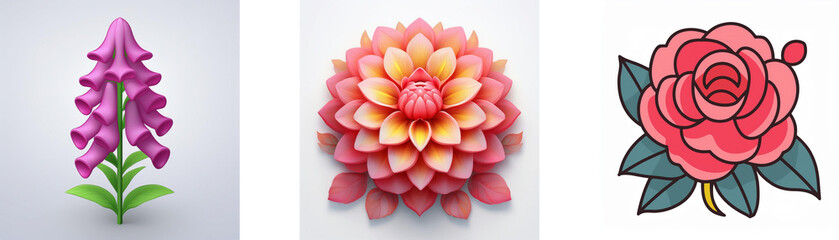 Wall Mural - three colorful flower illustrations: a purple bell-shaped bloom, a layered pink and orange blossom, 