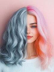 Poster - Transitioning from gray to vibrant dye with a stunning side by side hair comparison. Generative AI