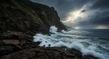 Crashing Waves on Rocky Coastline with Dramatic Storm Clouds and Sunlight