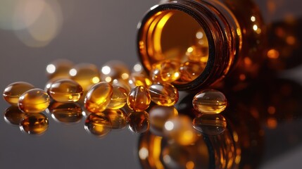 Aufkleber - Golden capsules spill from an amber bottle, reflecting light in a clinical setting. Generative AI