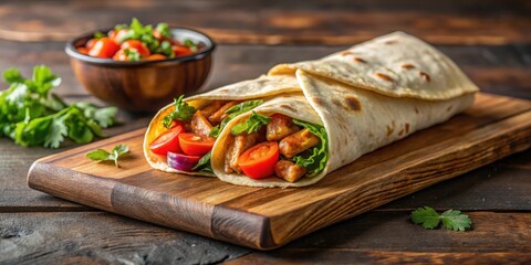 Wall Mural - Sizzling chicken kati roll with spicy filling on a wooden cutting board , spicy, meat,  spicy, meat, delicious, roll