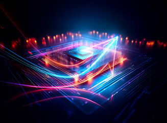 Poster - futuristic glowing circuit board with vibrant lines of blue, orange, and pink energy flowing across 