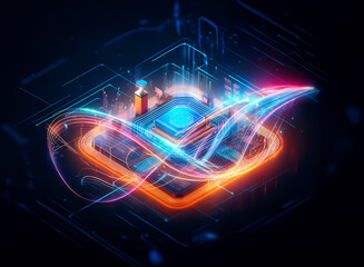Poster - Abstract glowing circuit board with dynamic light trails. Futuristic technology and digital design create a vibrant, modern visual.