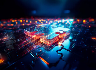 Poster - Glowing puzzle piece on a dark circuit board with vibrant blue and orange lights, suggesting technology, connection, and complexity.