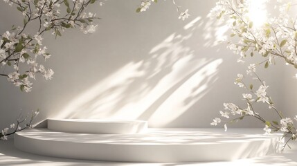 Fototapete - Elegant curved 3D platform with floating spring leaves and floral highlights, offering a dreamy yet minimal aesthetic.
