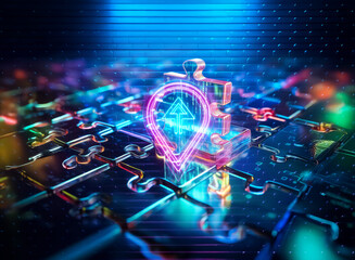 Wall Mural - Glowing location pin sits atop metallic puzzle pieces in a neon style image.  Bright blue and pink lights illuminate the futuristic scene.