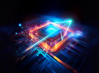 Aufkleber - vibrant, abstract digital art showcasing a glowing square form with circuit-like lines in blue and o