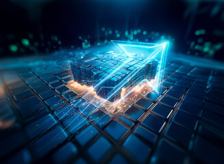 Poster - abstract blue cube with bright light streaks on a dark grid surface. suggests futuristic technology 