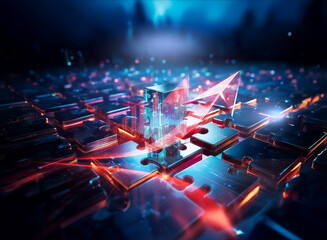 Poster - futuristic digital scene displays a glowing cube emitting light. a grid-like surface with luminous l