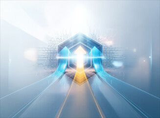 Aufkleber - abstract image of bright upward arrow path in blue and yellow, futuristic and digital technology con