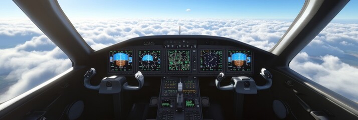Aufkleber - Cockpit view of modern aircraft soaring above fluffy clouds in bright blue sky. Generative AI